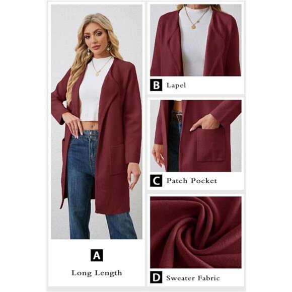 Women's Open Front Knit Cardigan Coats with Pockets Wine Red - Picture 5 of 5